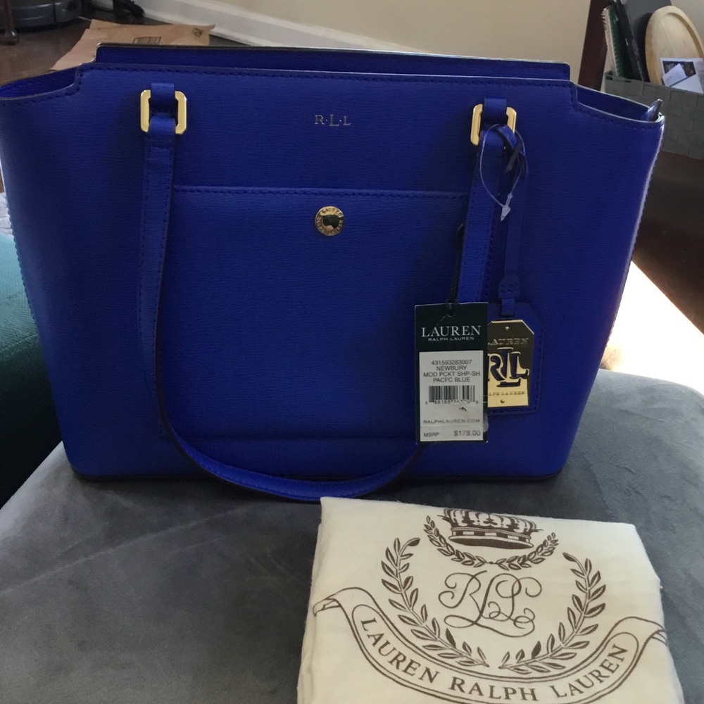 Lauren Ralph Lauren Newberry Pacific blue leather tote with gold hardware